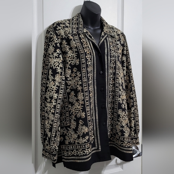 2 FOR💲1️⃣ Alia Black & Tan Abstract Patterned Button-down Blouse Size 8 - Picture 4 of 8